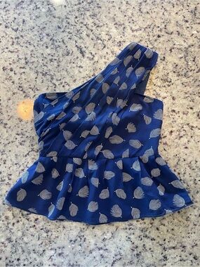 Fei 100% Silk peplum one shoulder Top in Deep Navy XS